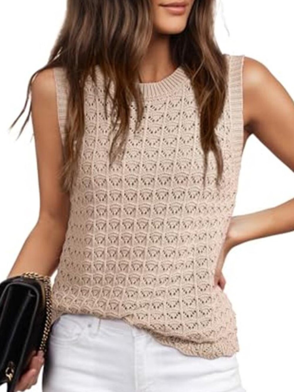Sleeveless Sweater Tops for Women Beige Crochet Tank Top Sweater Vest